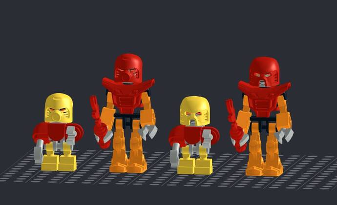 Første to prototypane av Bionicle minifigurer. Dei til høgre var dei første, mens dei til venstre er lagd for å likna meir på orginalen. Store figurane basert på Hero Factory minifigurane, mens dei små er basert på dei små robotane frå Nexo Knights.